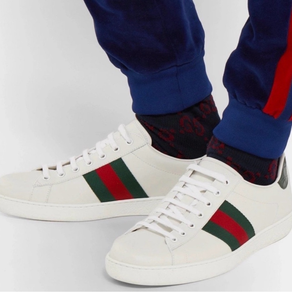 Gucci White Leather Sneakers with Green and Red Web Stripe